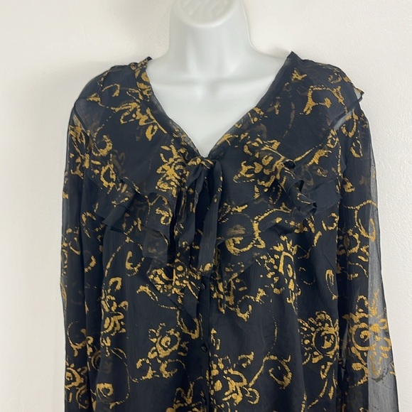 Lauren Ralph Lauren Black Sheer Ruffled Black and Gold Blouse - Picture 3 of 14